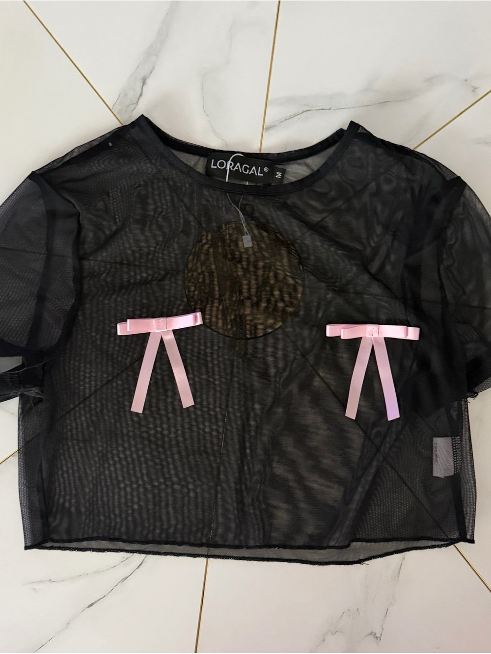 Black Sheer Mesh Crop Top with Pink Bows